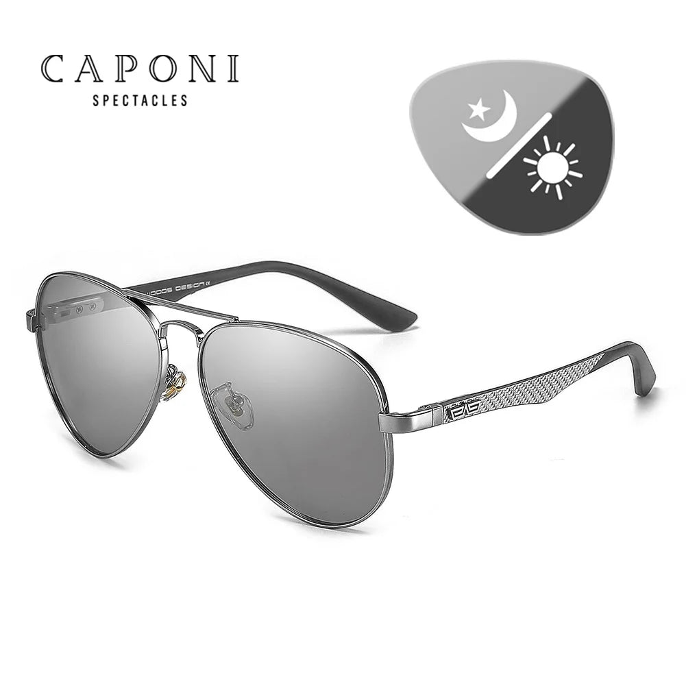 CAPONI Pilot Sunglasses Carbon Fiber Arm Sun Glasses For Men Photochromic Polarized Double Bridge Brand Design Eyewear BS3110