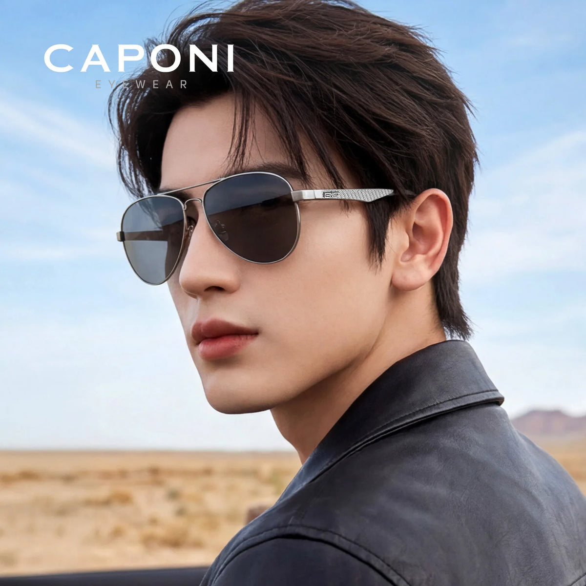 CAPONI Pilot Sunglasses Carbon Fiber Arm Sun Glasses For Men Photochromic Polarized Double Bridge Brand Design Eyewear BS3110