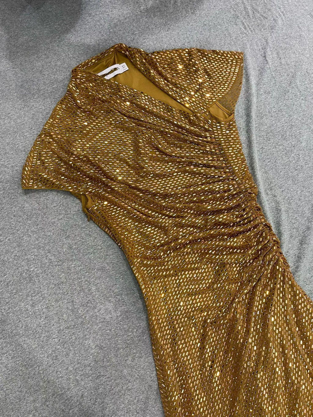 Women Golden rhinestone midi dress asymmetrical neckline short sleeve dress