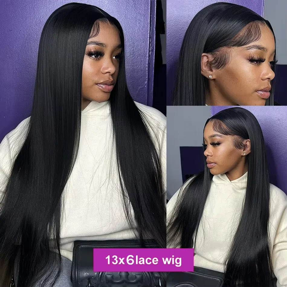 Peruvian 300% Density Black Straight 13x4 13x6 Lace Frontal Human Hair Wigs 30 36 Inch Pre Plucked 5x5 Glueless Wigs For Women