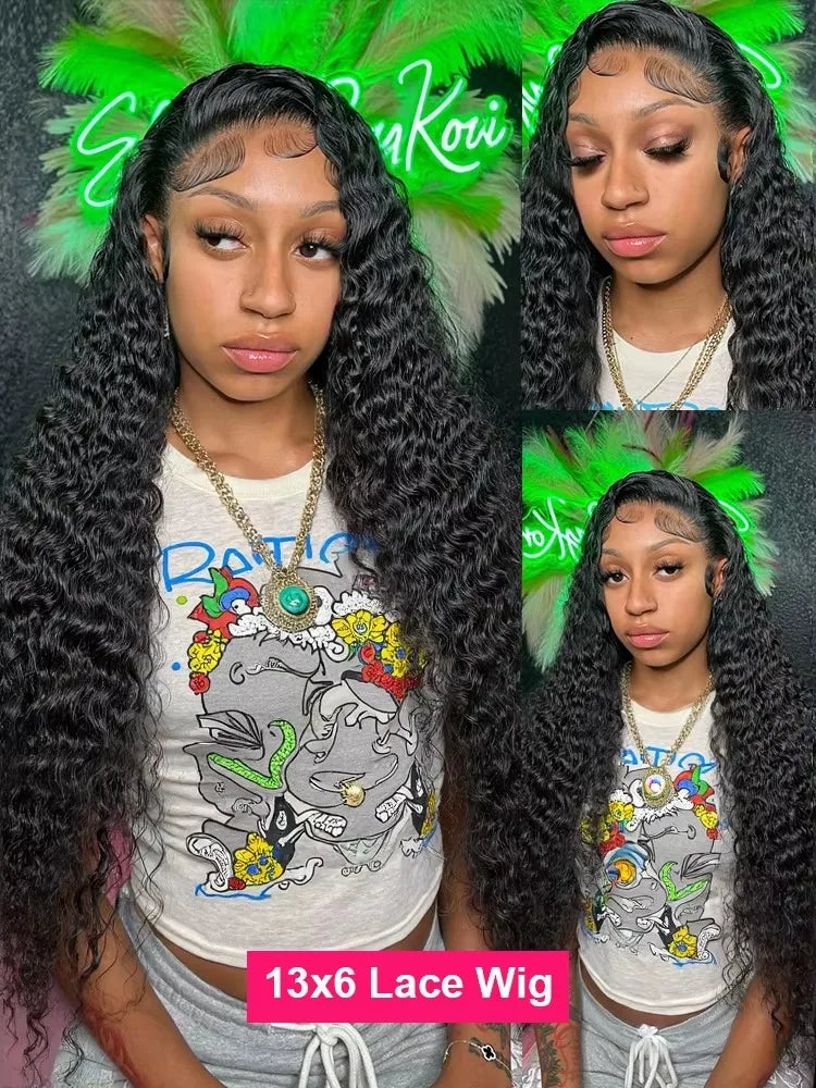 Water Wave Curly 100% Human Hair Brazilian 13x4 13x6 Lace Front Wig 250 Density Deep Wave 360 Full Lace Front Wigs Black