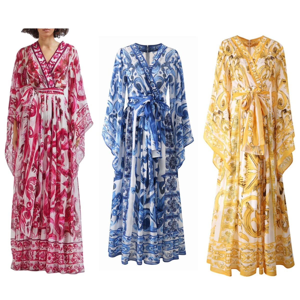 Women Silk Maxi Wrap Dress Porcelain Print Chiffon Boho Beach Evening Gown Flared Sleeves Summer Wedding Party
