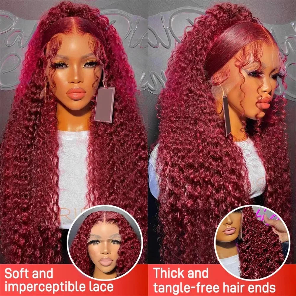 99J Burgundy 13x6 Hd Lace Frontal Wig Water Wave Curly 13x4 Red Remy Human Hair Preplucked Brazilian Colored Hair Wigs For Women