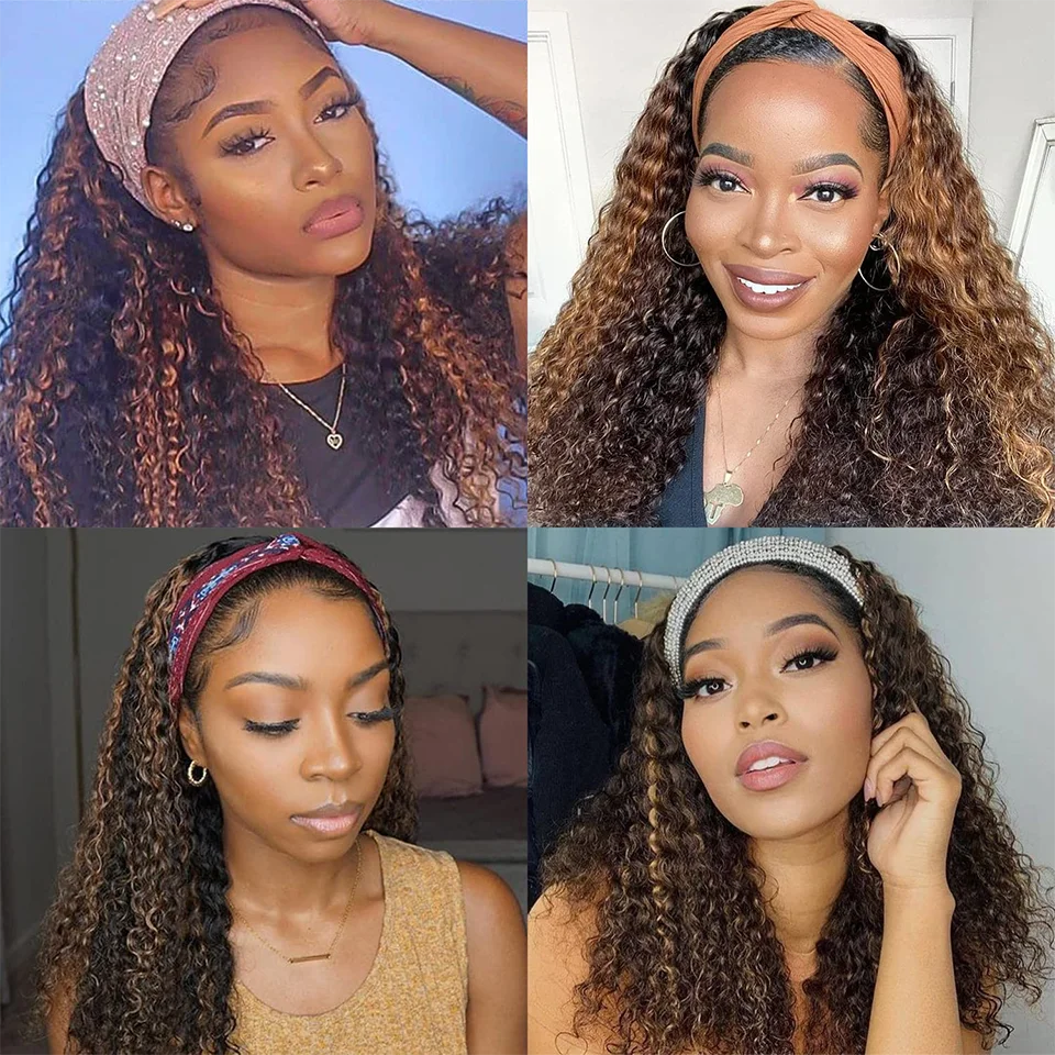 Blonde Highlight Headband Wig 4/27 Highglight Wig Curly Human Hair Wigs For Women Ombre Colored Brazilian Scarf Wig On Sale 180%