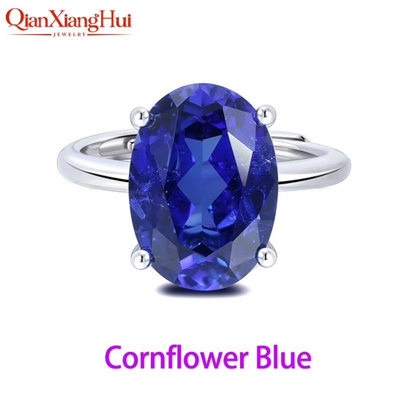 8.5ct 10*14mm Oval Cut 925 Silver Adjustable Ring Pink Pigeon Blood Red Cornflower Blue Yellow Lab Sapphire for Jewelry Dating