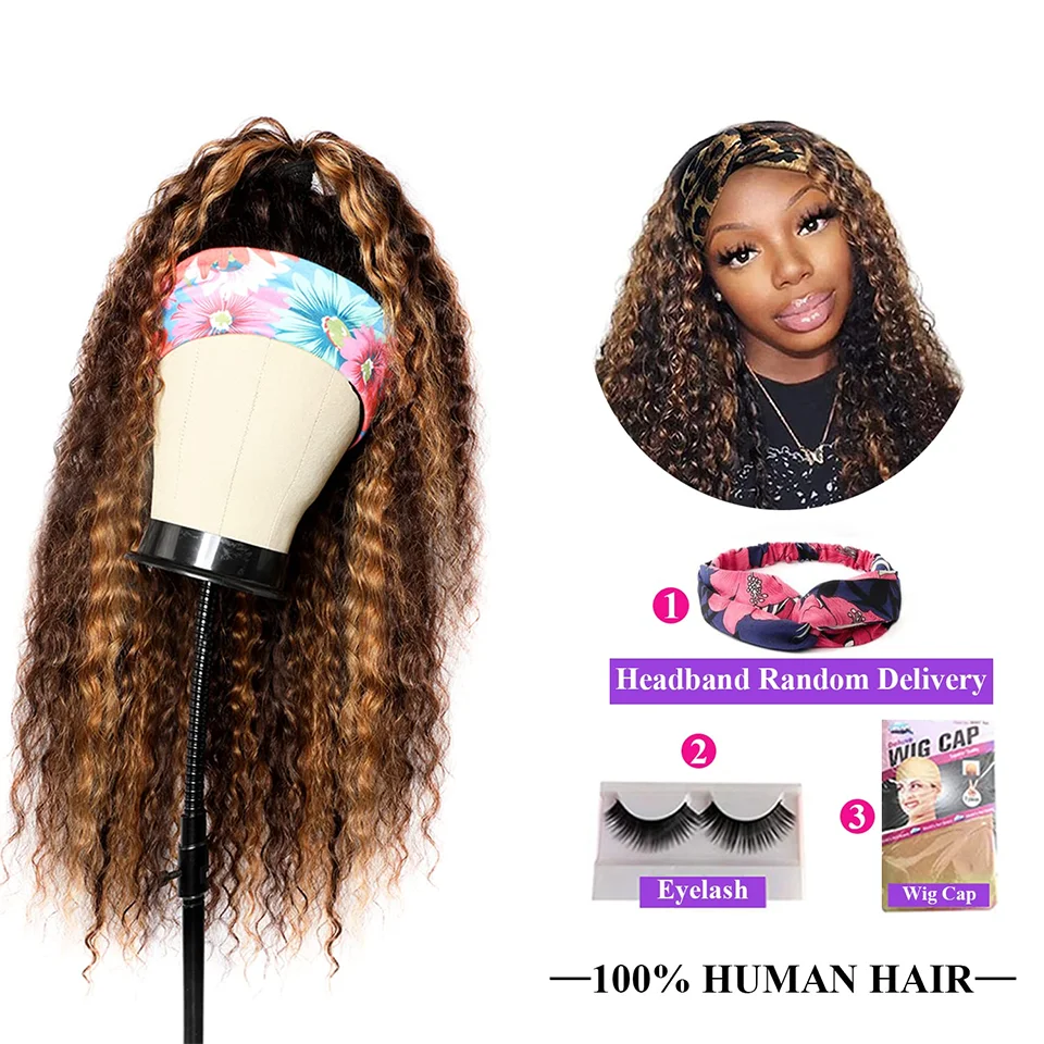 Blonde Highlight Headband Wig 4/27 Highglight Wig Curly Human Hair Wigs For Women Ombre Colored Brazilian Scarf Wig On Sale 180%