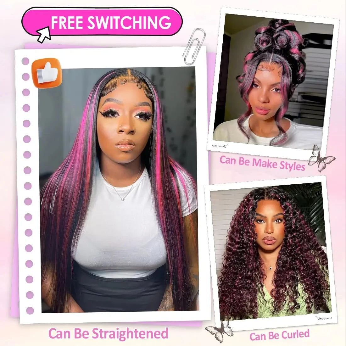Brazilian 1B/Pink Ombre 13x4 13x6 HD Lace Front Wigs 220% Density Body Wave Highlight Wig Human Hair Pink And Black Colored Wig