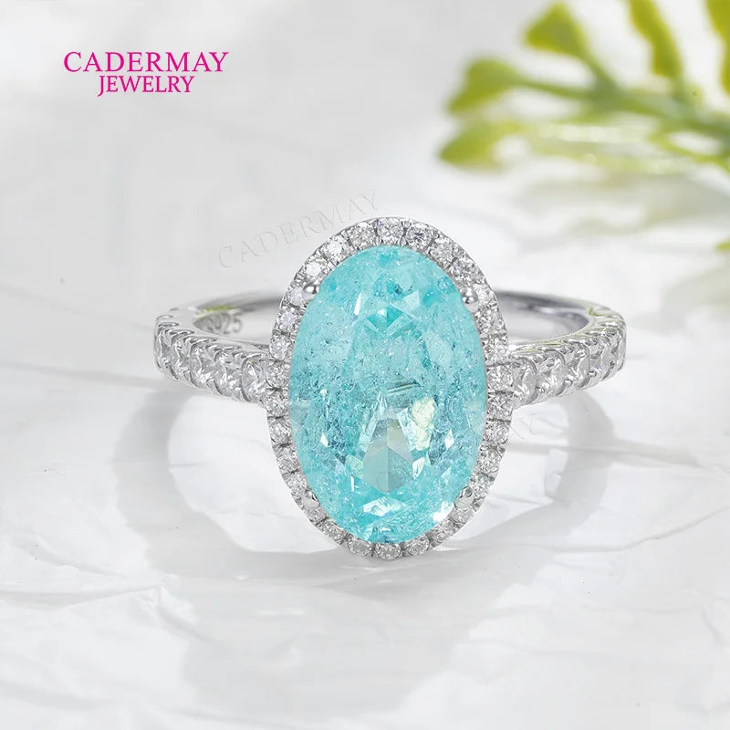 Classic Halo Moissanite 8x12mm Oval Shape Blue Neon Paraiba Yttrium Aluminum Garnet Lab Paraiba Rings for Women Gift Party