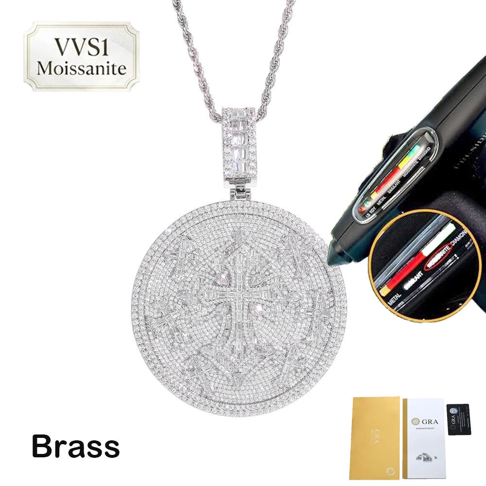 Hip Hop Custom VVS1 Moissanite Cross Circle Pendants Necklaces Iced Out Brass Personalized Men Pendant with Passed Diamond Test