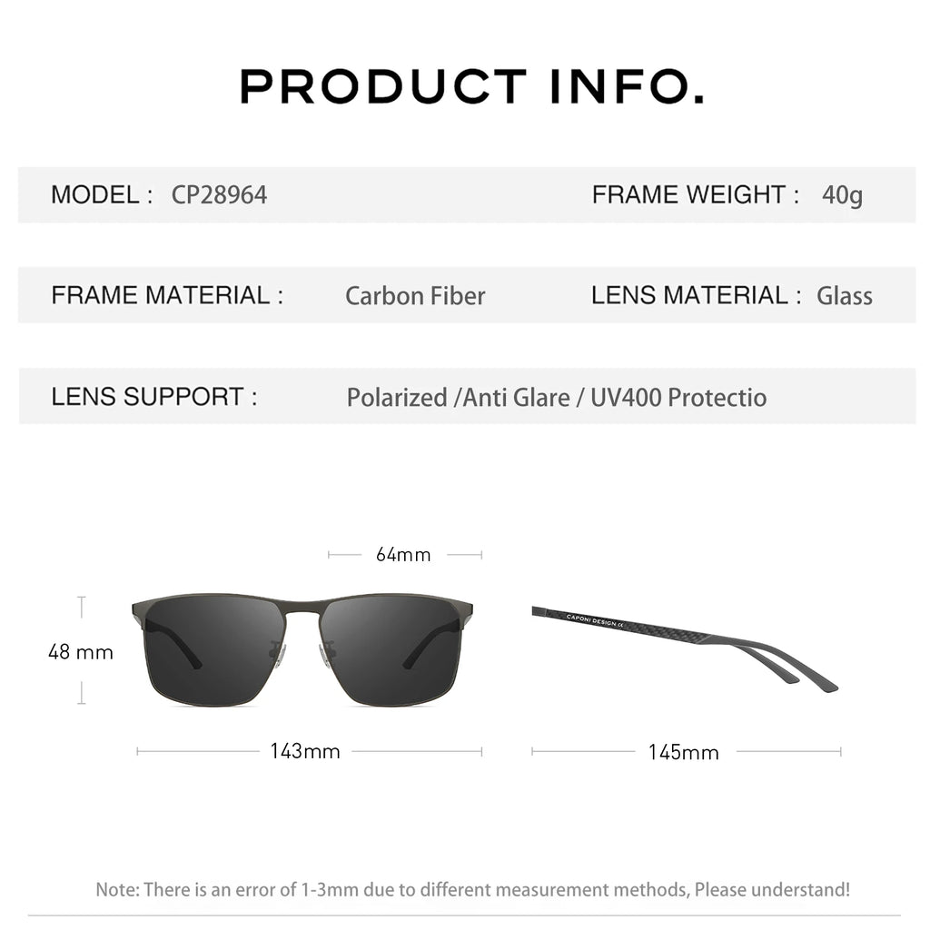 CAPONI Polarized Men Sunglasses Carbon Fiber Driving Outdoor Sun Glasses UV400 Original Designer Glass Lens Black Shades CP28964