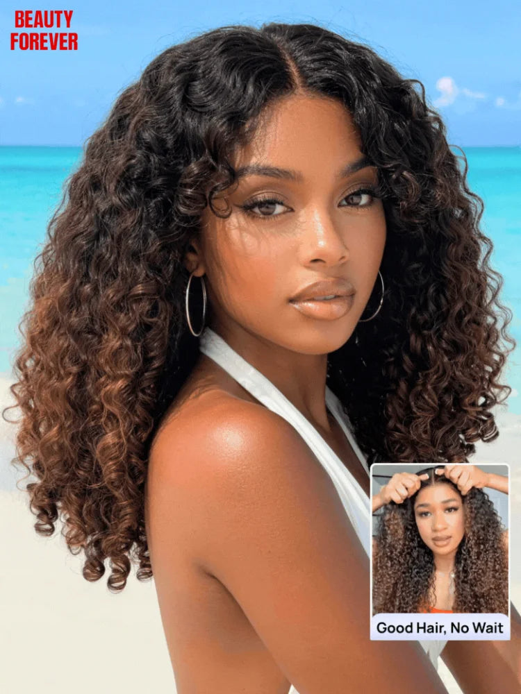 Beautyforever 7x5 Bye Bye Knots Glueless Human Hair Wig Jerry Curly Reddish Brown Color HD Transparent Lace Front Wig 180%