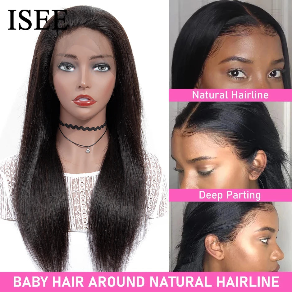 ISEE HAIR 13x6 HD Transparent Lace Front Human Hair Wigs 250 Density Pre-Plucked Malaysian Straight Lace Frontal Wig with Band
