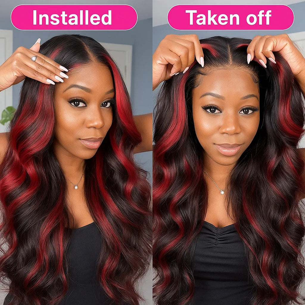 Red Blonde Highlights Body Wave 5x5 Glueless Wigs 30 Inch Human Hair Ombre Burgundy for Women Pre Plucked with Baby Hair 180%