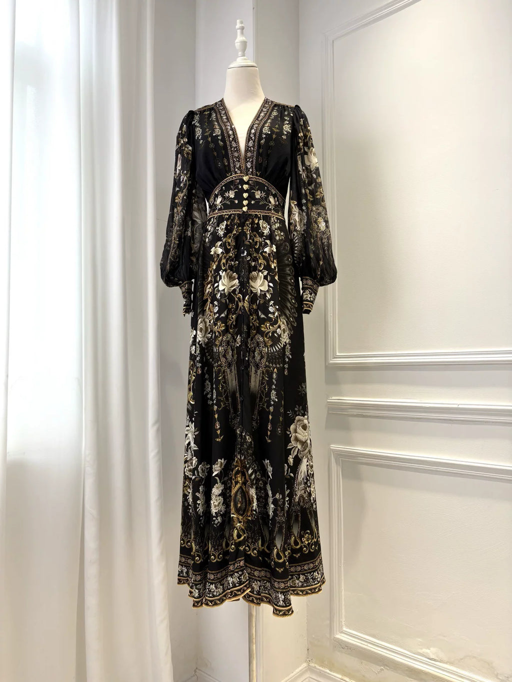 Crystal Beaded Women 100% Silk Maxi Dress Floral Printed V-Neck Elastic Waist Lantern Sleeve Vintage Black Robe