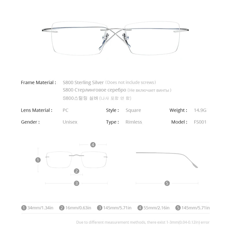 FONEX Sterling Silver S800 Glasses Frame Men Luxury Brand Design Rimless Eyeglasses Frameless Austria Ultralight Eyewear S001