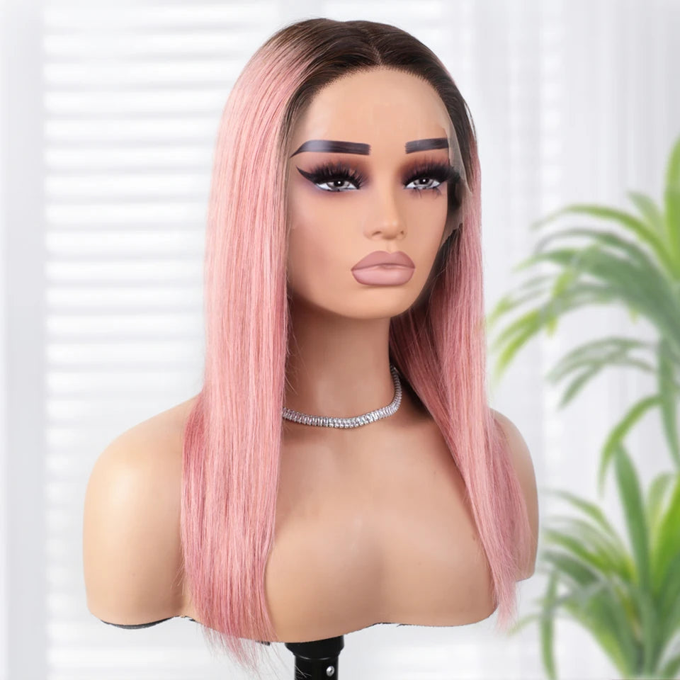 Ombre Pink Straight Lace Front Wigs 13x6x1 Lace Part Human Hair Wig For Women Transparent Lace Highlight Colored Remy Hair
