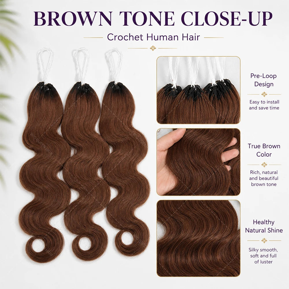 Brown Body Wave Crochet Human Hair Miracle Knots Pre Looped Soft Lightweight Natural Blend Extensions For Black Women Easy Wear