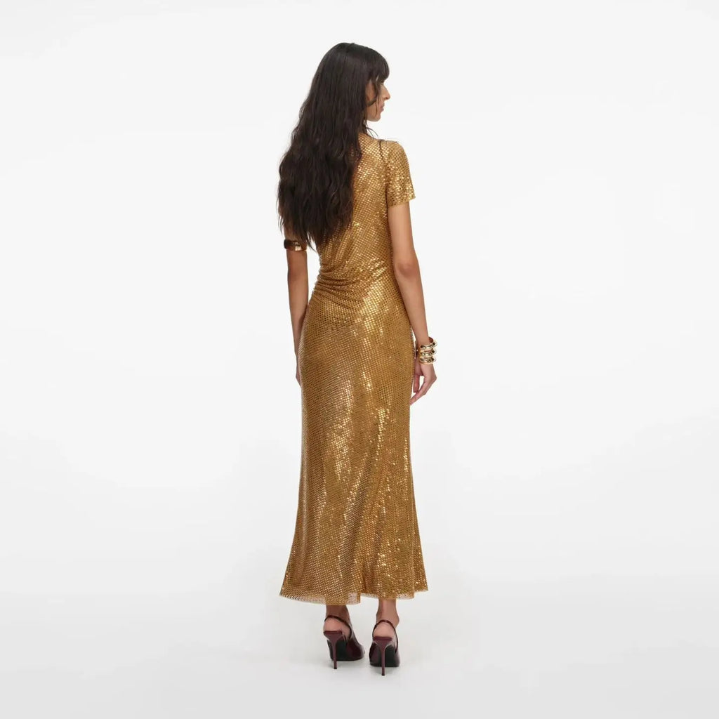 Women Golden rhinestone midi dress asymmetrical neckline short sleeve dress