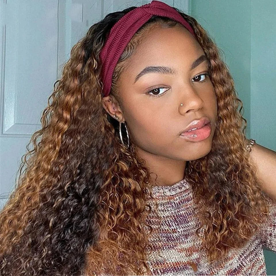 Blonde Highlight Headband Wig 4/27 Highglight Wig Curly Human Hair Wigs For Women Ombre Colored Brazilian Scarf Wig On Sale 180%
