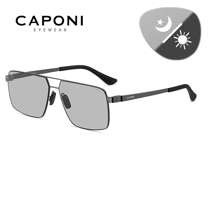 CAPONI New Polarized Men Sunglasses Photochromic High Quality Stainless Steel Outdoor Sun Glasses Anti Glare Black Shade BS34730