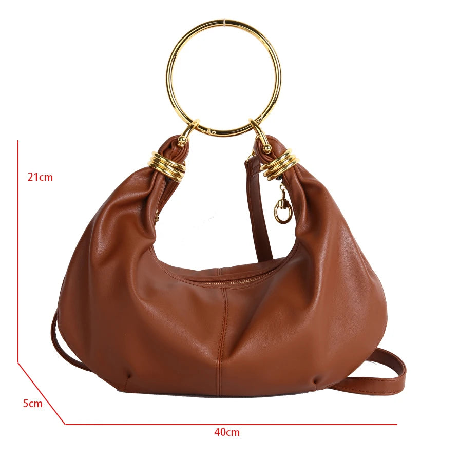 2025 Fashion Hobo Bag Luxury Designer Handbag Brand Women Tote Bag Gold Ring Handle Clutch Bag 8 Colors Pu Leather Lady Bag