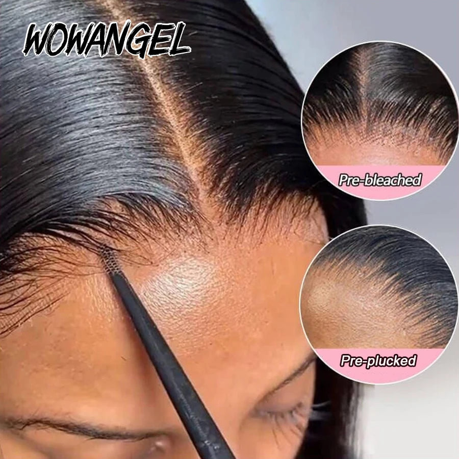 WOWANGEL 1# Jet Black Layer Cut Straight Wigs 250% 13x6 HD Lace Front Wigs Human Hair Pre Bleached Brazilian Hair For Women