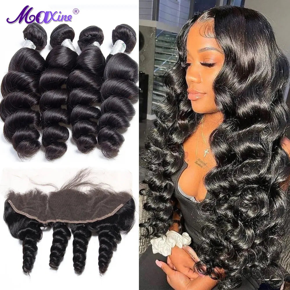 Loose Wave Bundles With Frontal Closure 13x6 HD Transparent Lace Frontal With Bundles Loose Deep Human Hair Bundles With Closure