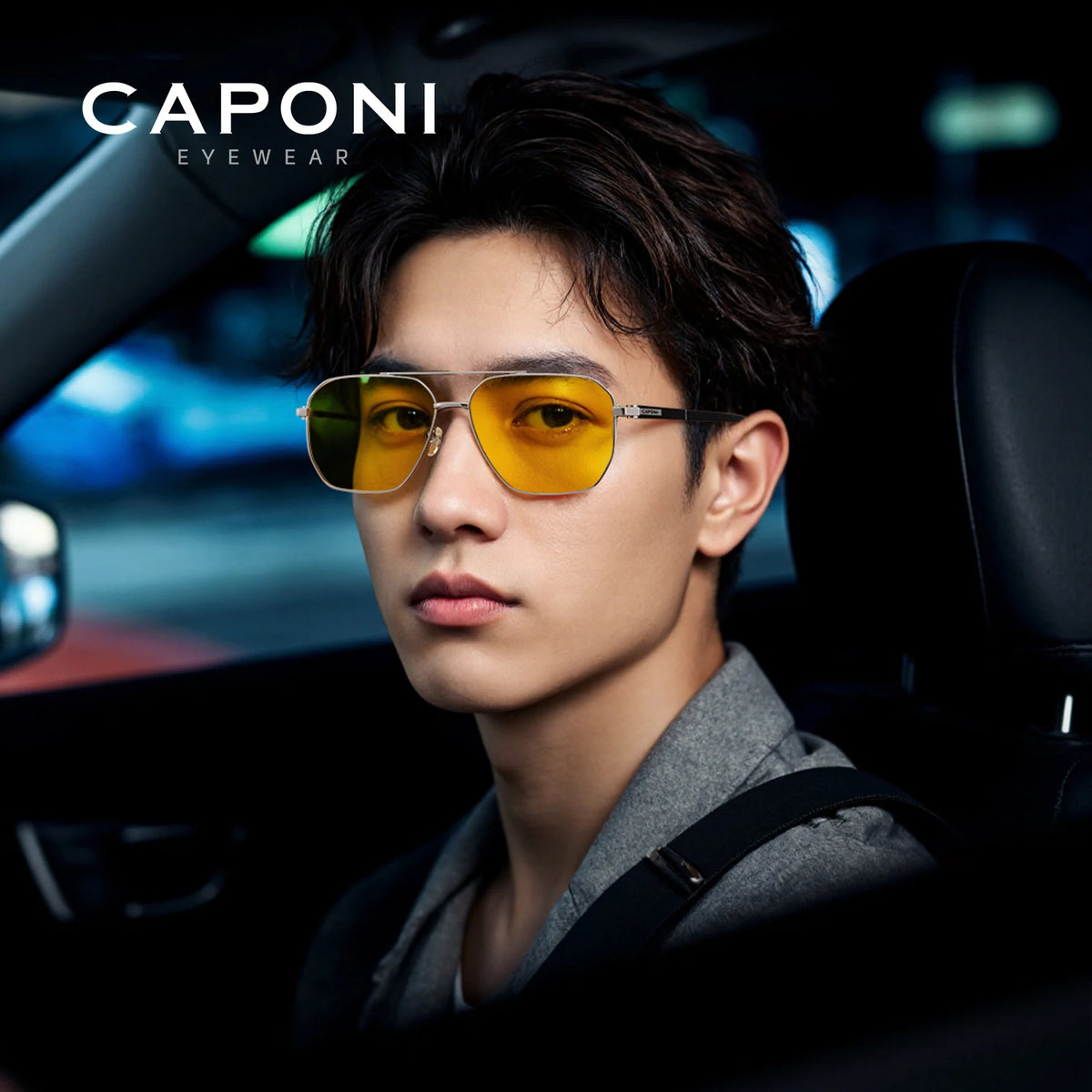 CAPONI Pilot Style Sunglasses Men Driving Night Vision Acetate Yellow Sun Glasses Fashion Photochromic Brown Eyewear BSYS24703