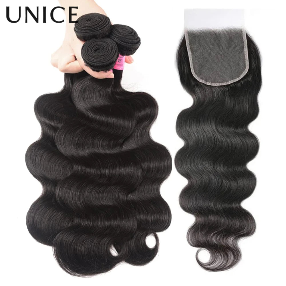 UNice Body Wave Bundles With Clousre 100% Human Hair Bundles 2/3/4 PCS With 1PC 4x4 Lace Closure Can Make 300% Density Wigs