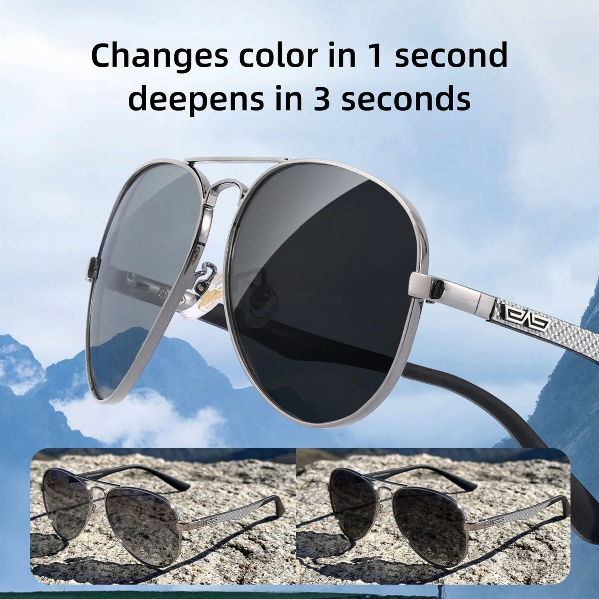 CAPONI Pilot Sunglasses Carbon Fiber Arm Sun Glasses For Men Photochromic Polarized Double Bridge Brand Design Eyewear BS3110