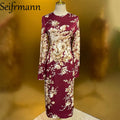 Seifrmann Summer New Women's Dress Long Sleeved Elegant Print High Waist Slim-Fit Hip Wrap Silk Straight Dresses
