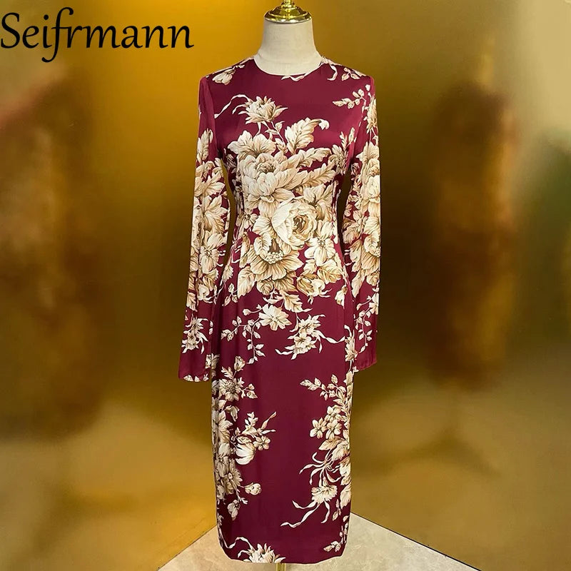 Seifrmann Summer New Women's Dress Long Sleeved Elegant Print High Waist Slim-Fit Hip Wrap Silk Straight Dresses