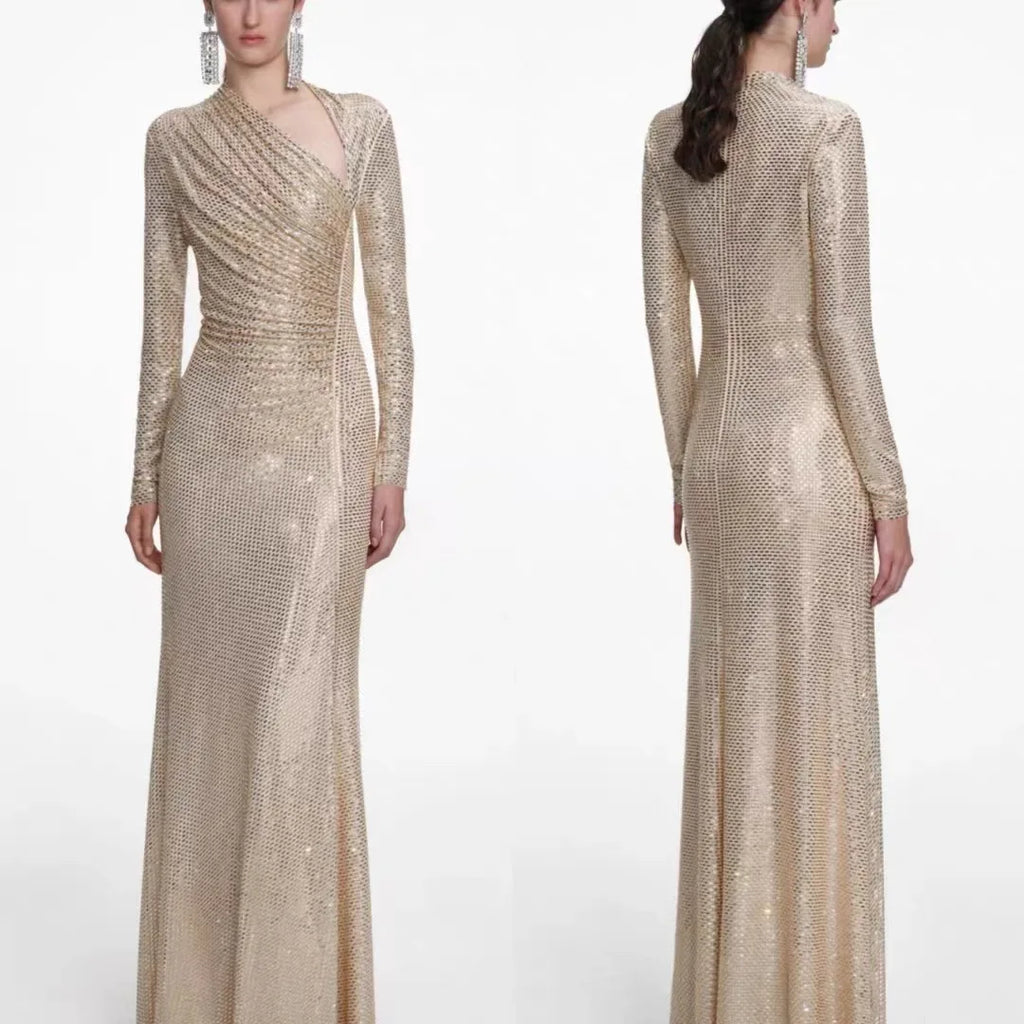 Women rhinestone maxi dress asymmetrical neckline long sleeve luxury party long dress