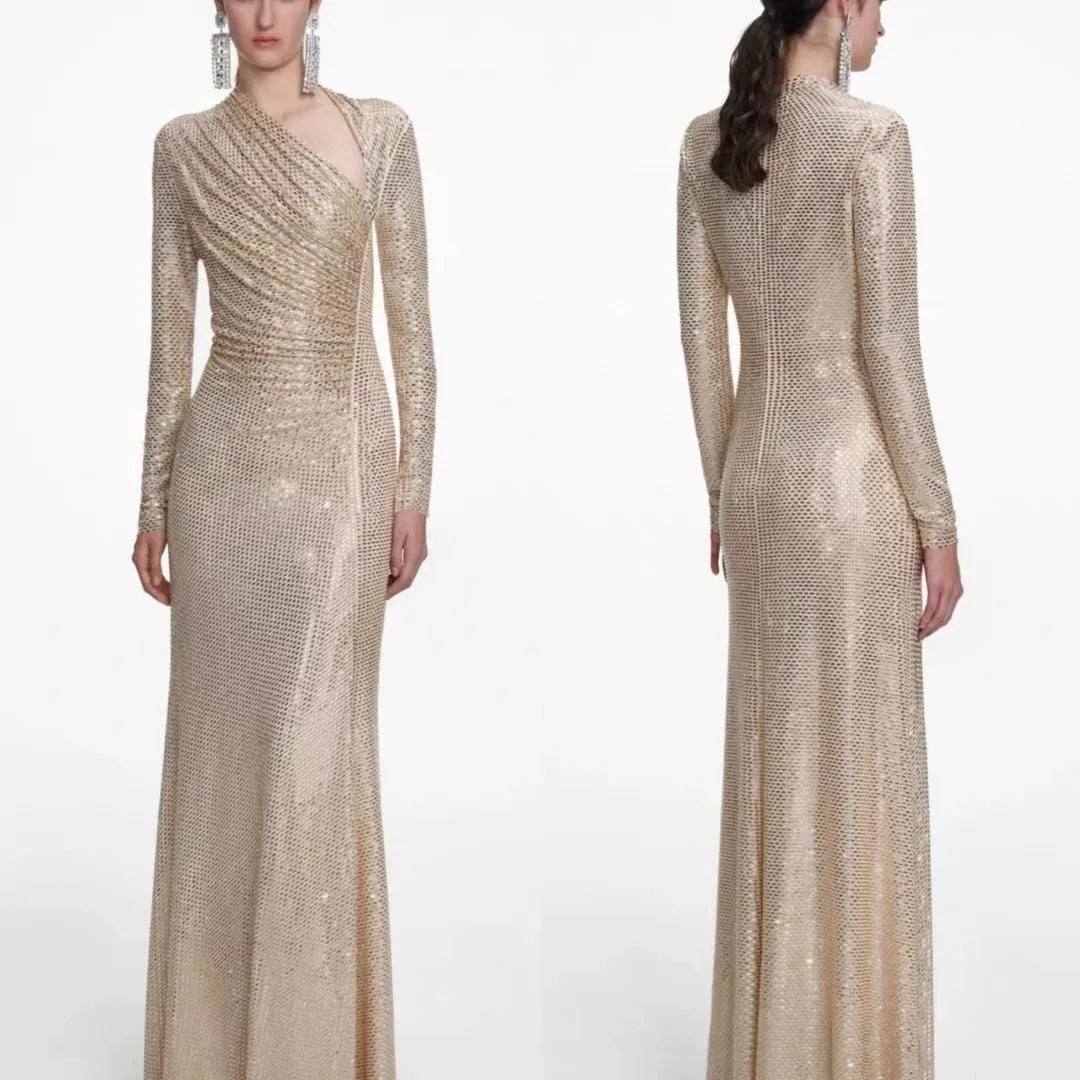 Women rhinestone maxi dress asymmetrical neckline long sleeve luxury party long dress
