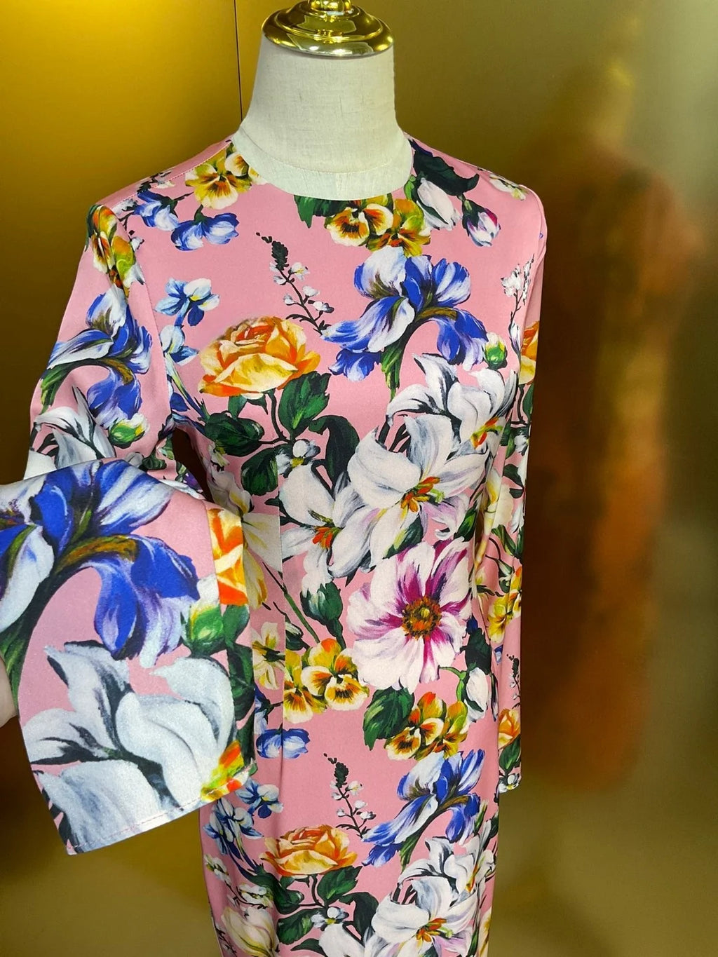 Women’s 100% Silk Floral Print Midi Dress | 2026 Runway Luxury Designer Inspired Long Sleeve Pink Evening Party Gown Spring