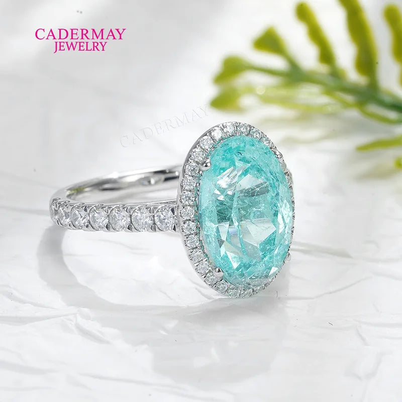 Classic Halo Moissanite 8x12mm Oval Shape Blue Neon Paraiba Yttrium Aluminum Garnet Lab Paraiba Rings for Women Gift Party