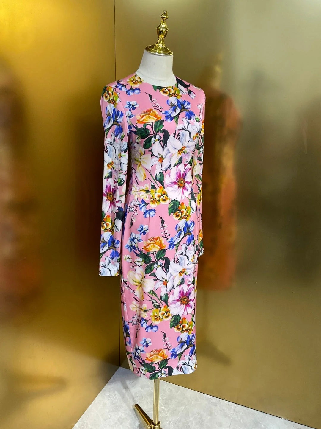 Women’s 100% Silk Floral Print Midi Dress | 2026 Runway Luxury Designer Inspired Long Sleeve Pink Evening Party Gown Spring