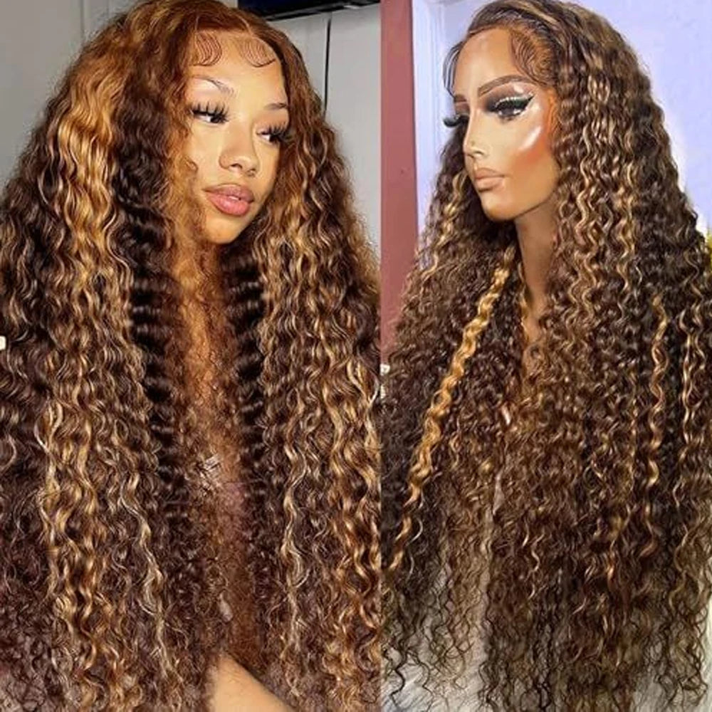 Highlight P4/27 Color Deep Wave Wig With 4c Edges Curly Baby Hair 28INCH 4x4 Lace Closure Deep Curly Human Hair Wigs Pre Plucked