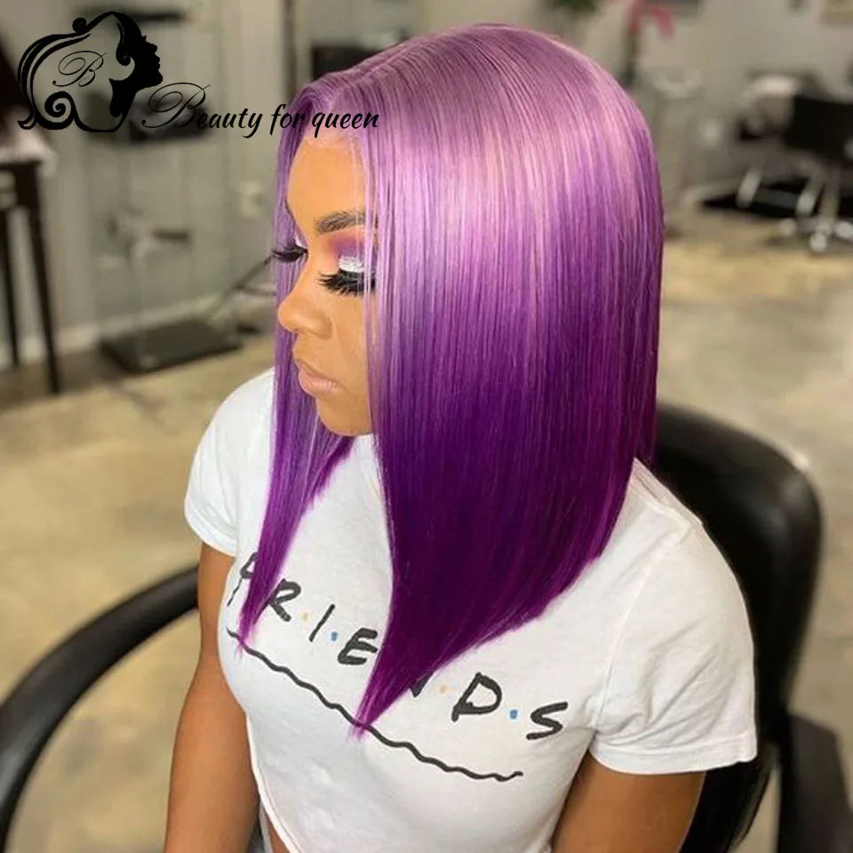 Cosplay Ombre Green Straight Short Bob Brazilian Human Hair Wig Purple Colored Transparent 13x4 HD Lace Frontal Wigs Pre Plucked