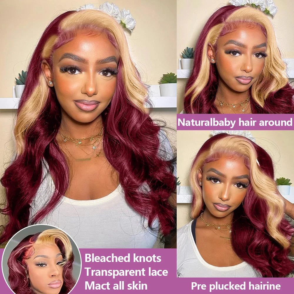 99J/613 Body Wave 13x4 Lace Frontal Highlight Wig Human Hair Brazilian High Density Ombre Blonde With Red Colored Human Hair Wig
