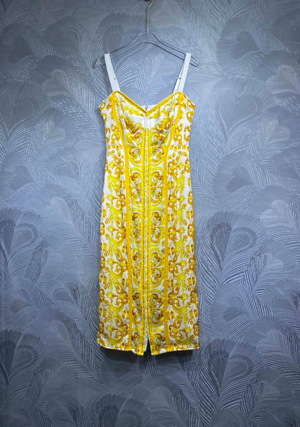 Summer Silk Bustier Midi Dress Women's Elegant Spaghetti Strap Porcelain Print Beach Party Sexy Bodycon Vacation Evening Dress