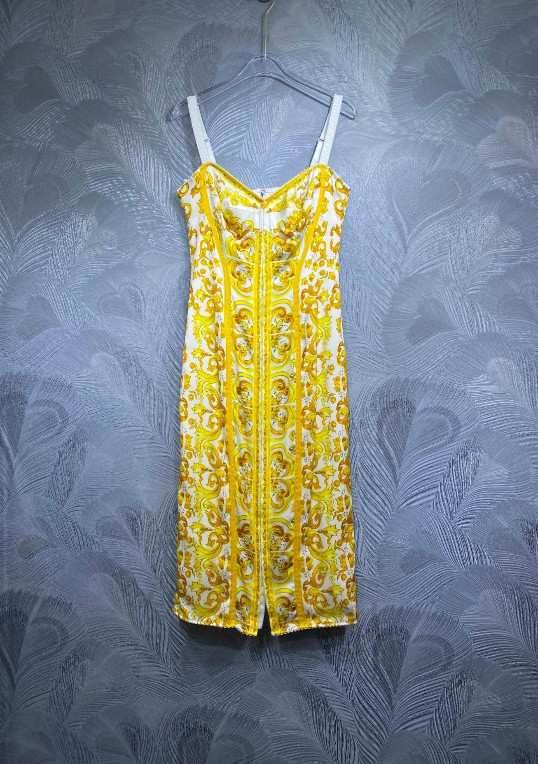Summer Silk Bustier Midi Dress Women's Elegant Spaghetti Strap Porcelain Print Beach Party Sexy Bodycon Vacation Evening Dress
