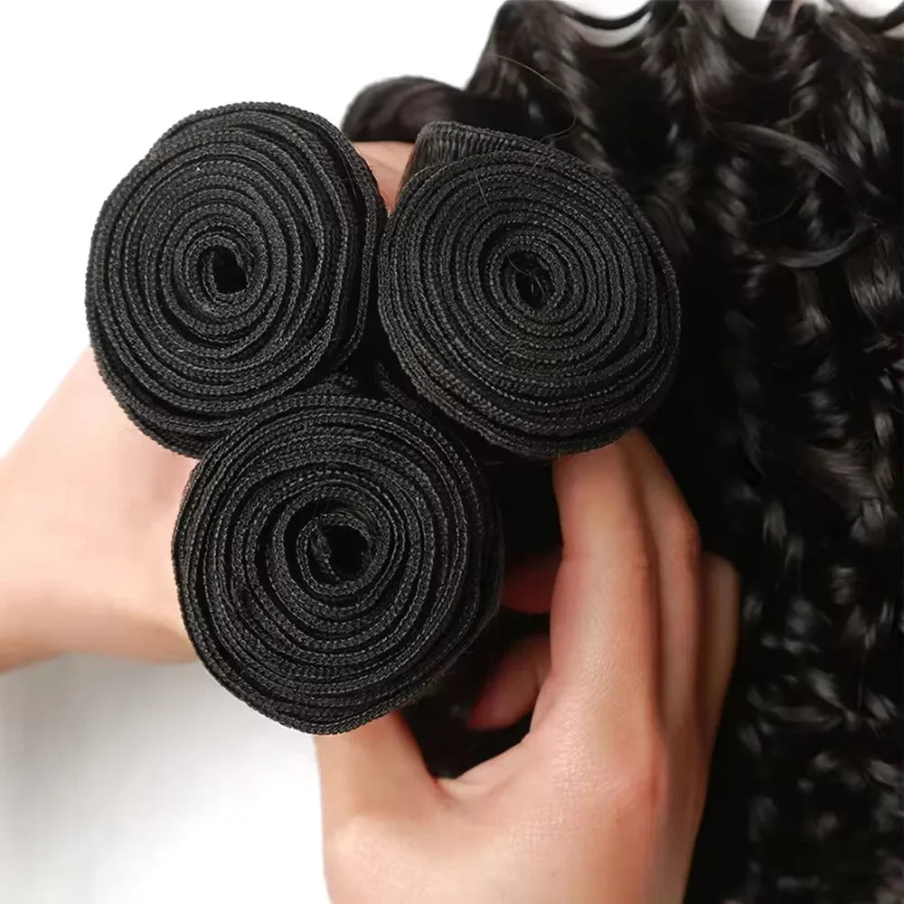 Finros Curly Bundles Human Hair Deep Wave Raw Hair Bundles Unprocessed Double Weft  Brazilian Virgin Hair Extensions Weave