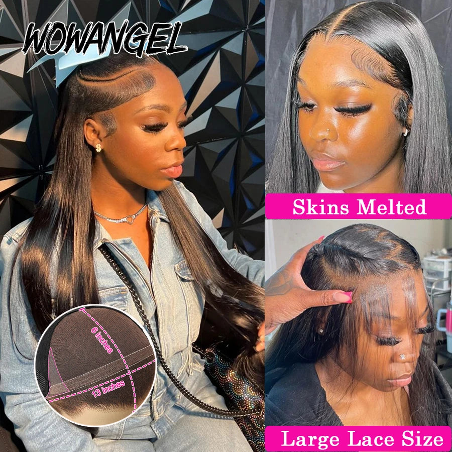 WowAngel 250% Upgraded 13x6 HD Lace Frontal Wigs Glueless Straight Human Hair Wigs Pre Plucked Natural Scalp Brazilian Hair
