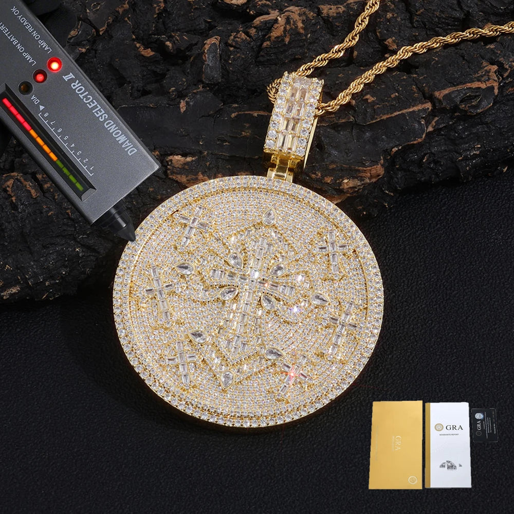 Hip Hop Custom VVS1 Moissanite Cross Circle Pendants Necklaces Iced Out Brass Personalized Men Pendant with Passed Diamond Test