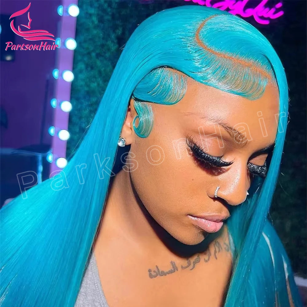 250 Density Blue Colored Straight Lace Front Real Human Hair Wigs Brazilian 13x4 13x6 Transparent Lace Frontal Wigs For Women