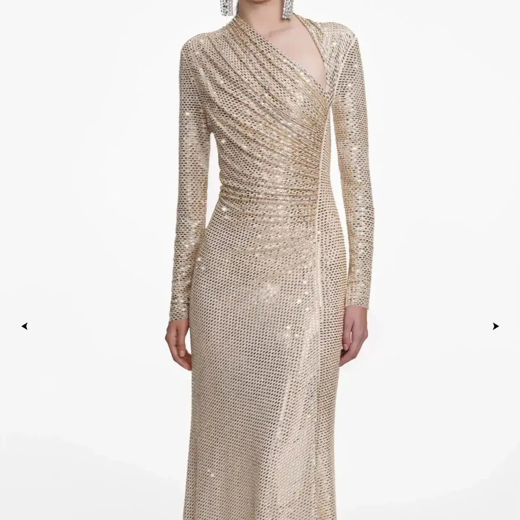 Women rhinestone maxi dress asymmetrical neckline long sleeve luxury party long dress