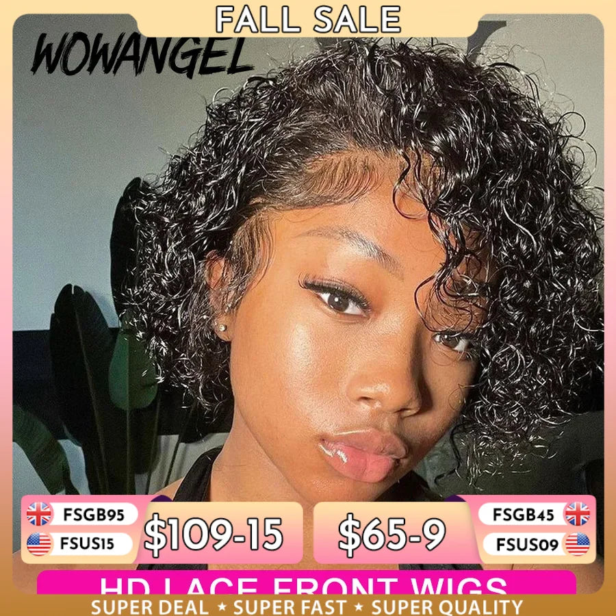 Wow Angel Short Curly Pixie Cut Wigs 13x4 HD Lace Front Wigs 250% Jerry Curly Human Hair Wigs Melt Skins HD Transparent Lace Wig