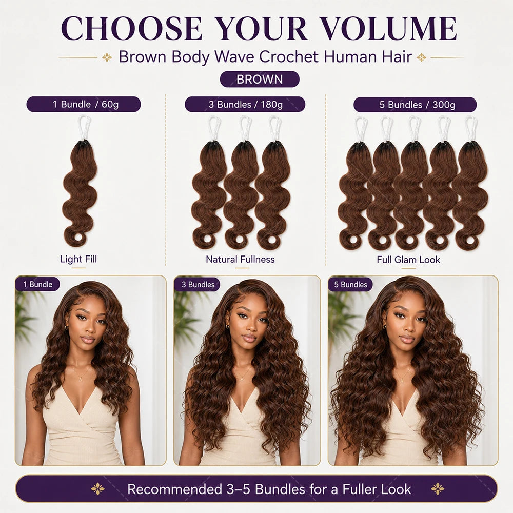 Brown Body Wave Crochet Human Hair Miracle Knots Pre Looped Soft Lightweight Natural Blend Extensions For Black Women Easy Wear