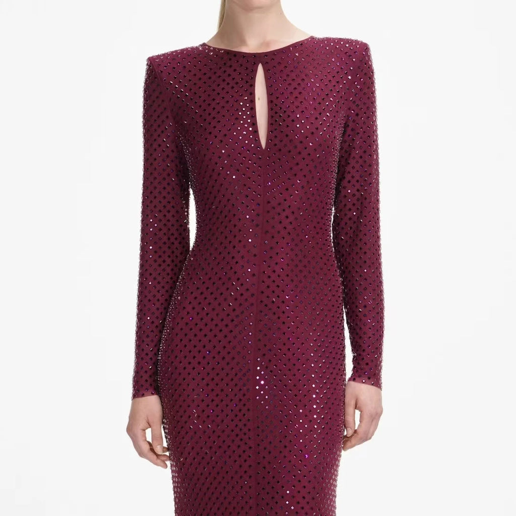 Women hot diamond long red dress long sleeve fashion luxury Fish tail long dress